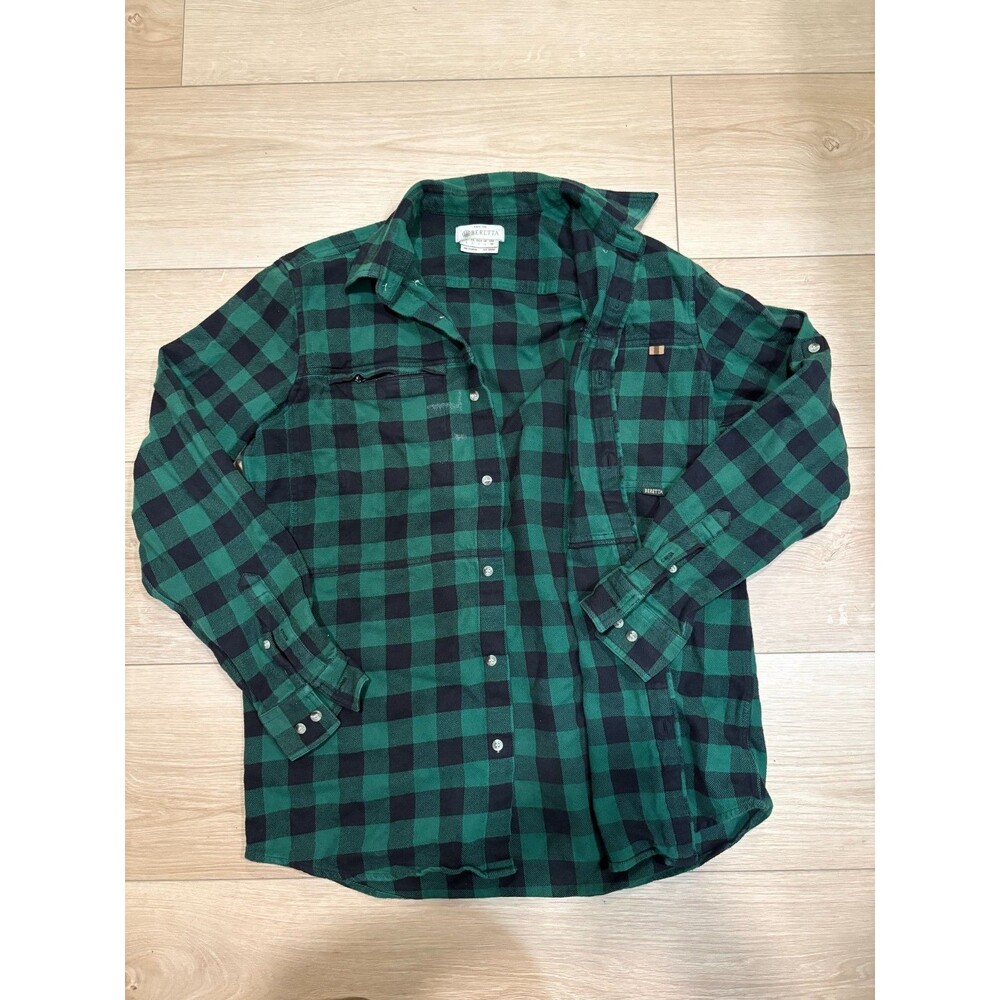 BERETTA Men's Size L Green Black Check Plaid Flannel Shirt 100% Cotton